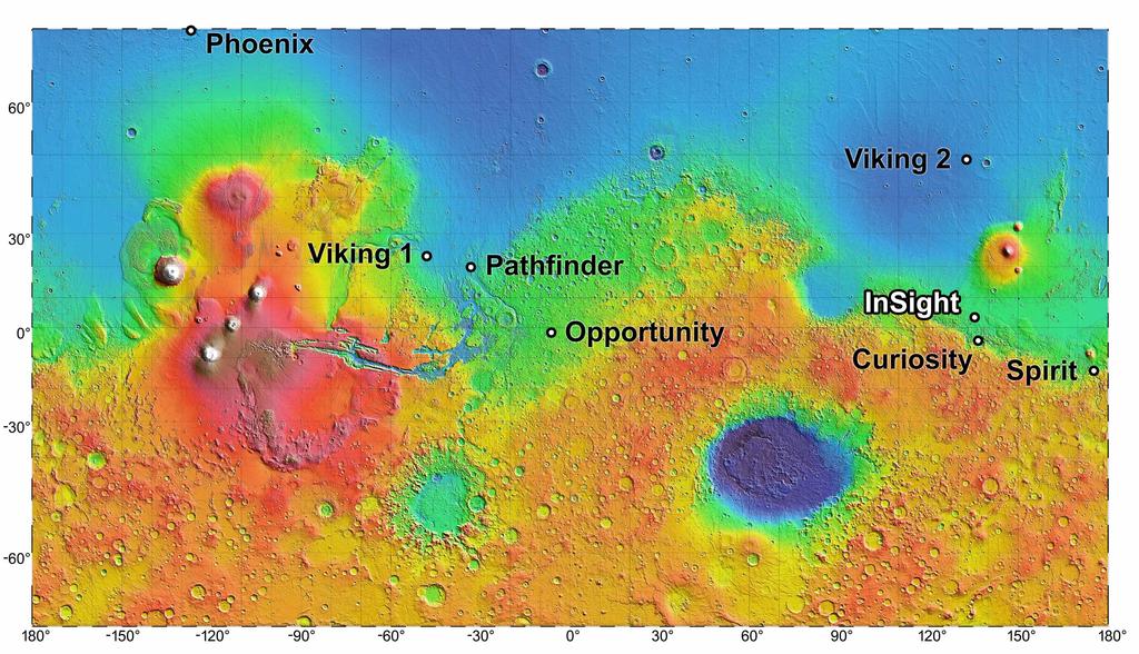 Este mapa muestra el lugar de aterrizaje de InSight cuando llegue a Marte y dónde estará en relación con otros aterrizadores en el planeta rojo