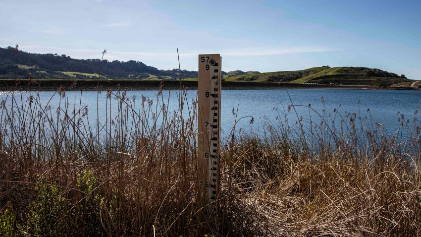 ORINDA, CA – FEB. 28: A depth gauge stands partially exposed at Briones Reservoir in Orinda, California Sunday, Feb. 28, 2021. The lack of rainfall, resulting in a smaller snowpack in the Sierra Nevada mountain range has awakend fears of drought. (Stephen Lam/The San Francisco Chronicle via Getty Images)