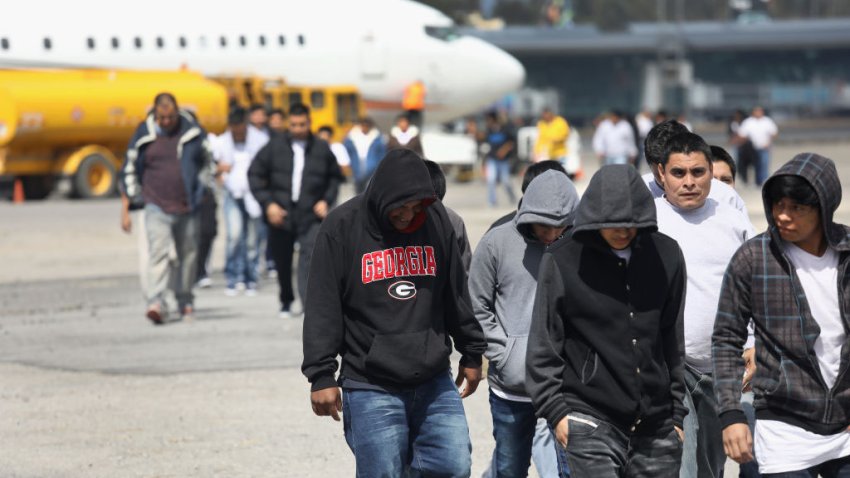 GUATEMALA CITY, GUATEMALA – FEBRUARY 09:  Guatemalan immigrants deported from the United States arrive on a ICE deportation flight on February 9, 2017 in Guatemala City, Guatemala. The charter jet, carrying 135 deportees, arrived from Texas, where U.S. border agents catch the largest number illigal immigrants crossing into the United States, many of them from Central America. U.S. President Donald Trump pledged to vastly increase the number of deportations. (Photo by John Moore/Getty Images)