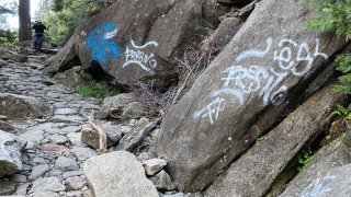 Graffiti along Yosemite Falls Trail in Yosemite National Park.