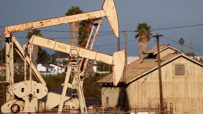 Oil pumpjacks operate on November 2, 2021 in Long Beach, California.