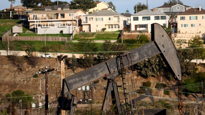 An oil pumpjack operates in the Inglewood Oil Field on January 28, 2022 in Los Angeles, California.