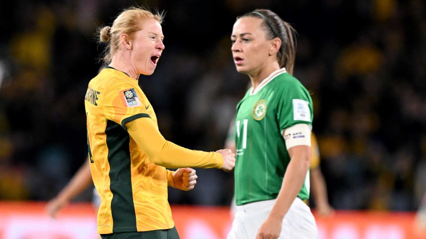 SYDNEY, AUSTRALIA – JULY 20: Clare Polkinghorne of Australia celebrates while Katie McCabe of Republic of Ireland shows dejection after the FIFA Women’s World Cup Australia & New Zealand 2023 Group B match between Australia and Ireland at Stadium Australia on July 20, 2023 in Sydney, Australia. (Photo by Bradley Kanaris/Getty Images)