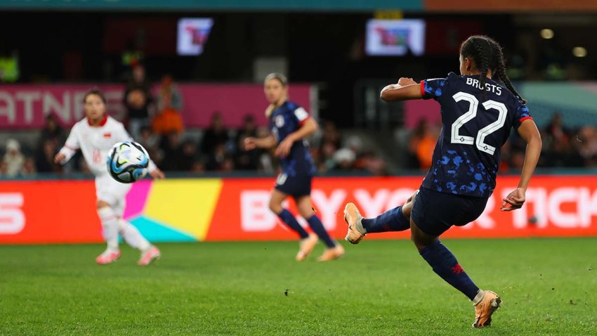 DUNEDIN, NEW ZEALAND – AUGUST 01: Esmee Brugts of Netherlands scores her team’s third goal during the FIFA Women’s World Cup Australia & New Zealand 2023 Group E match between Vietnam and Netherlands at Dunedin Stadium on August 01, 2023 in Dunedin / Ōtepoti, New Zealand. (Photo by Matthew Lewis – FIFA/FIFA via Getty Images)