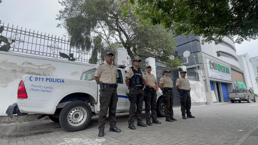 QUITO, ECUADOR – APRIL 06: Police officers take security measures in front of the Mexican Embassy after Ecuadorian police raided the Mexican Embassy building last night to arrest former Vice President Jorge Glas, who had been granted political asylum by Mexico in Quito, Ecuador on April 06, 2024. Police entered the Mexican Embassy in Quito and detained Glas despite Mexico’s announcement of granting him political asylum, according to local media. (Photo by Rafael Rodriguez Tapia/Anadolu via Getty Images)