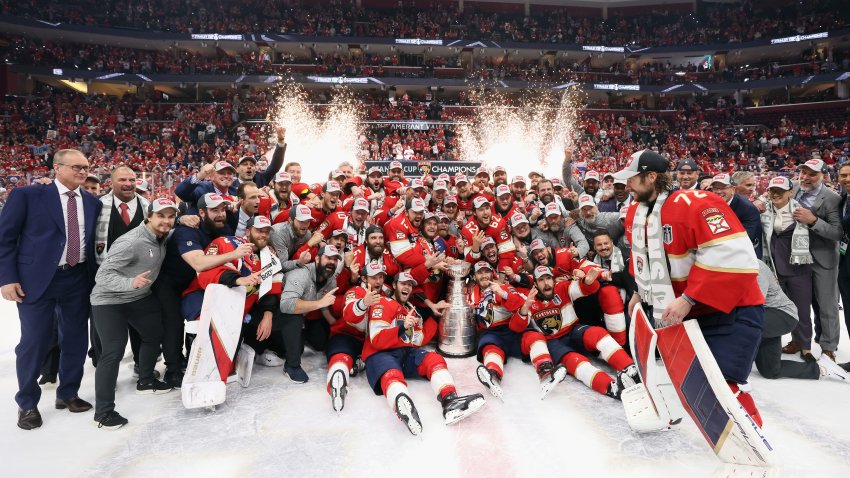 SUNRISE, FLORIDA – JUNE 24: Sergei Bobrovsky #72 of the Florida Panthers moves in to join the group shot after Florida’s 2-1 victory against the Edmonton Oilers in Game Seven of the 2024 Stanley Cup Final at Amerant Bank Arena on June 24, 2024 in Sunrise, Florida. (Photo by Bruce Bennett/Getty Images)