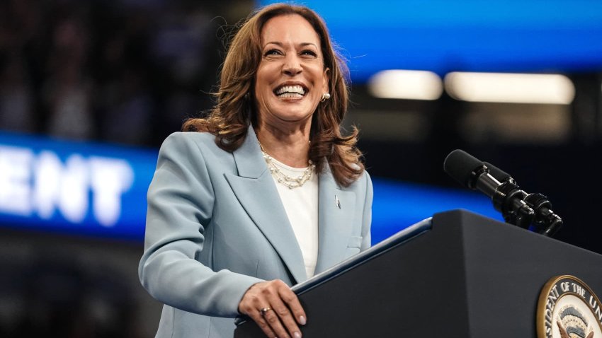 Democratic presidential candidate, U.S. Vice President Kamala Harris speaks at a campaign rally at the Georgia State Convocation Center on July 30, 2024 in Atlanta, Georgia. 