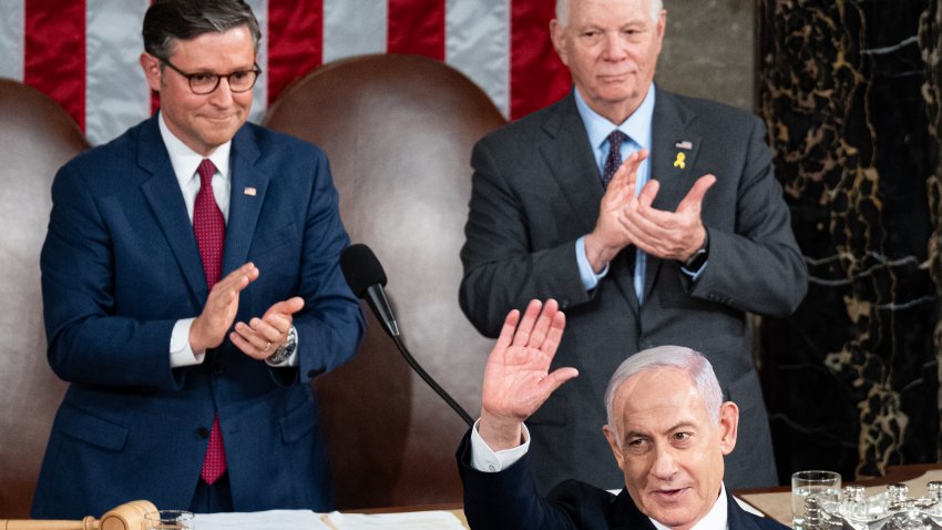 UNITED STATES – JULY 24:  Israeli Prime Minister Benjamin Netanyahu speaks to a joint meeting of Congress in the U.S. Capitol on Wednesday, July 24, 2024. In the back are Speaker of the House Mike Johnson, R-La., and Sen. Ben Cardin, D-Md. (Bill Clark/CQ-Roll Call, Inc via Getty Images)