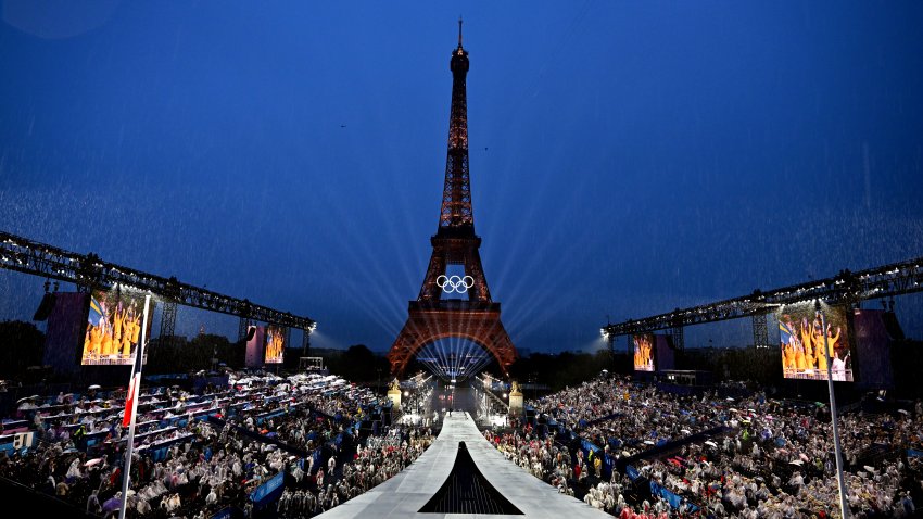 A general view of the Eiffel Tower during the opening ceremony of the Paris 2024 Olympic Games. Picture date: Friday July 26, 2024. (Photo by Joel Marklund/PA Images via Getty Images)