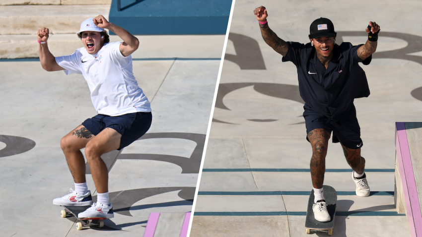 Jagger Eaton and Nyjah Huston of Team USA reacts during the Men’s Street Finals on day three of the Olympic Games Paris 2024 at Place de la Concorde on July 29, 2024 in Paris, France. (Photo by Patrick Smith/Getty Images)