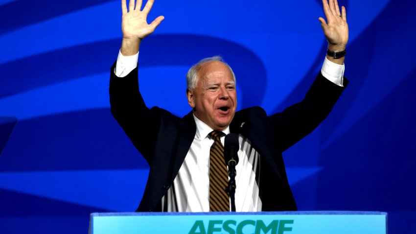 LOS ANGELES,  CA – AUGUST 13, 2024 –  Governor Tim Walz, vice presidential nominee, greets the crowd at the AFSCME’s 46th International Convention in Los Angeles on August 13, 2024. Walz was joined by AFSCME President Lee Saunders and public service workers from all over the U.S. (Genaro Molina/Los Angeles Times via Getty Images)