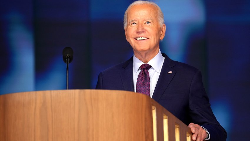 File. President Joe Biden participates in stage testing ahead of the start of the Democratic National Convention at the United Center on August 19, 2024 in Chicago, Illinois.  Delegates, politicians, and Democratic party supporters are in Chicago for the convention, concluding with current Vice President Kamala Harris accepting her party’s presidential nomination. The DNC takes place from August 19-22.