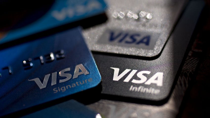 Visa Inc. credit and debit cards are arranged for a photograph in Washington, D.C., U.S., on Monday, April 22, 2019. Visa Inc. is scheduled to release earnings figures on April 24. Photographer: Andrew Harrer/Bloomberg via Getty Images