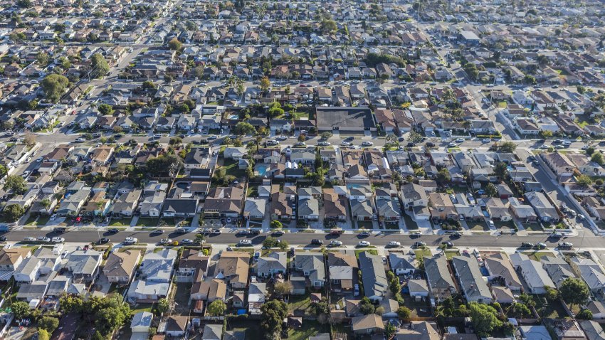 Aerial of dense neighborhoods in Los Angeles County California.