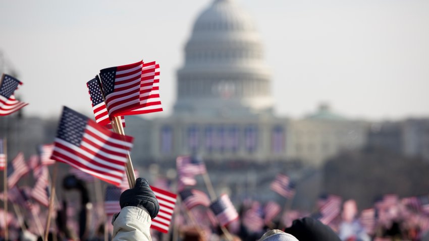 The inauguration of President Barack Obama, January 20th 2009.  Unrecognizable crowds in the Washington DC Mall.