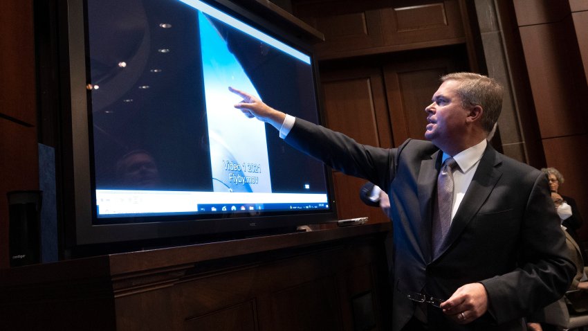 WASHINGTON, DC – MAY 17: U.S. Deputy Director of Naval Intelligence Scott Bray explains a video of an unidentified aerial phenomena, as he testifies before a House Intelligence Committee subcommittee hearing at the U.S. Capitol on May 17, 2022 in Washington, DC. The committee met to investigate Unidentified Aerial Phenomena, commonly referred to as Unidentified Flying Objects (UFOs). (Photo by Kevin Dietsch/Getty Images)