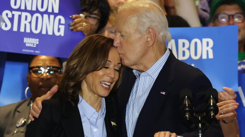 PITTSBURGH, PENNSYLVANIA – SEPTEMBER 02: Democratic presidential nominee, U.S. Vice President Kamala Harris is embraced by U.S. President Joe Biden during a campaign event at IBEW Local Union #5 on September 02, 2024 in Pittsburgh, Pennsylvania. President Joe Biden joined Vice President Harris for her second Labor Day event, for the first time on the campaign trail since he departed the Democratic ticket and Harris was confirmed as the Democratic Party’s nominee for the 2024 presidential election against Republican presidential nominee, former U.S. President Donald Trump. The event was attended by members of the IBEW,United Steelworkers, AFSCME, and other unions.  (Photo by Michael M. Santiago/Getty Images)