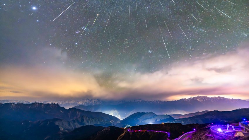 The Geminid meteor shower is being seen at the top of Niubei Mountain in Ya’an, Sichuan Province, China, on December 14, 2023. (Photo by Costfoto/NurPhoto via Getty Images)