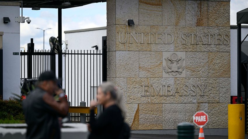 View at the entrance of the United States Embassy taken in Bogota on January 26, 2025. Colombia’s President Gustavo Petro announced on January 26, 2025 that he will impose 50 percent tariffs on exports from the United States, in response to US President Donald Trump who vowed to hit Colombia with steep tariffs and other sanctions after his Colombian counterpart blocked deportation flights from the United States. (Photo by Pablo VERA / AFP) (Photo by PABLO VERA/AFP via Getty Images)