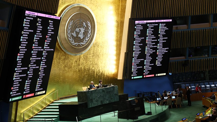 NEW YORK, NEW YORK – FEBRUARY 24: Results of votes on a draft resolution are displayed during a United Nations General Assembly meeting for a special session at the United Nations headquarters on February 24, 2025 in New York City. The General Assembly continued it’s eleventh emergency special session as they prepare to vote on an annual resolution condemning Russia’s invasion of Ukraine. The Trump administration has called on Ukraine to withdraw the resolution and to replace it with a U.S.-sponsored statement calling for an end to the conflict that contains no mention of Russian responsibility. The vote comes on the three-year anniversary of Russia’s full-scale invasion of Ukraine.  (Photo by Michael M. Santiago/Getty Images)