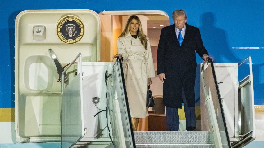 ROME, ITALY – APRIL 25: U.S. President Donald Trump and First Lady Melania Trump step off Air Force One upon their arrival at Fiumicino Airport on April 25, 2025 in Rome, Italy. Pope Francis died on Easter Monday, aged 88. His Funeral will be held in St Peter’s Square in the Vatican tomorrow morning. (Photo by Marcao Mantovani/Getty Images)