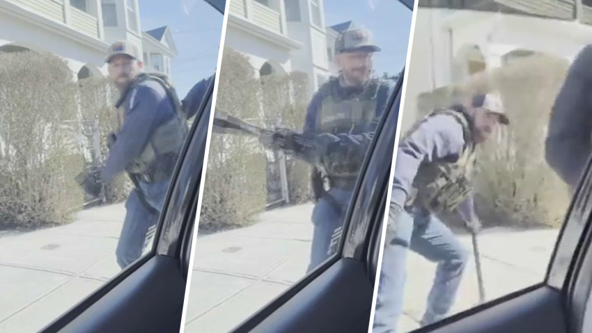Images from a video showing an ICE agent smashing a window during an arrest in New Bedford, Massachusetts, on Monday, April 14, 2025.