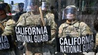 Police and national guards take measures as thousands of anti-ICE protesters are gathered outside of the Federal Building in Los Angeles, California on June 9, 2025 amid protests over immigration raids.