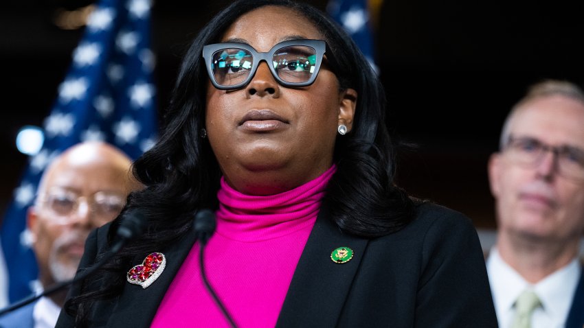 UNITED STATES – FEBRUARY 6: Rep. LaMonica McIver, D-N.J., speaks during a news conference with the Congressional Progressive Caucus in the Capitol Visitor Center to oppose Elon Musk gaining access to the Treasury Department’s federal payment system, on Thursday, February 6, 2025. Reps. Glenn Ivey, D-Md., left, and Jared Huffman, D-Calif., also appear. (Tom Williams/CQ-Roll Call, Inc via Getty Images)